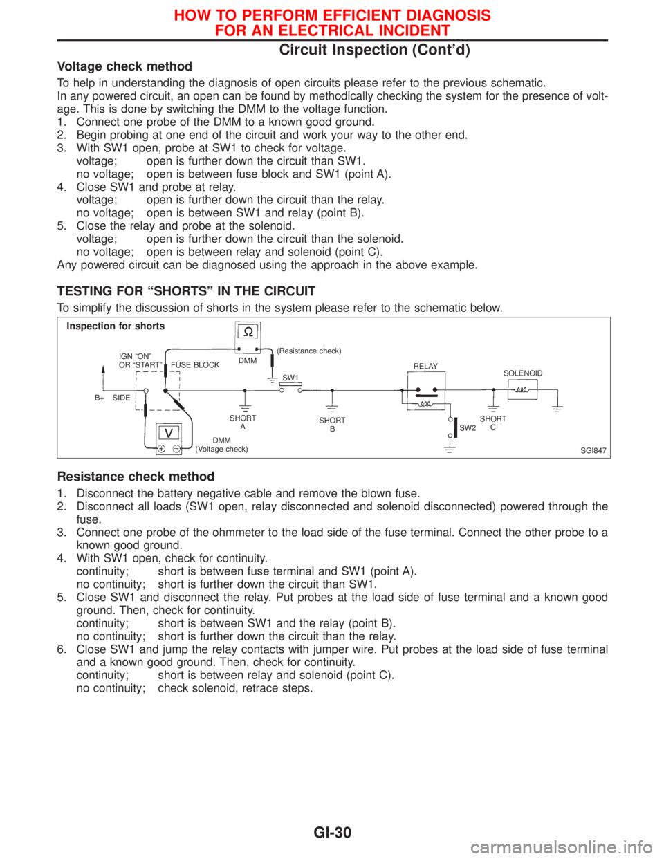 NISSAN PRIMERA 1999  Electronic Repair Manual Voltage check method
To help in understanding the diagnosis of open circuits please refer to the previous schematic.
In any powered circuit, an open can be found by methodically checking the system fo
