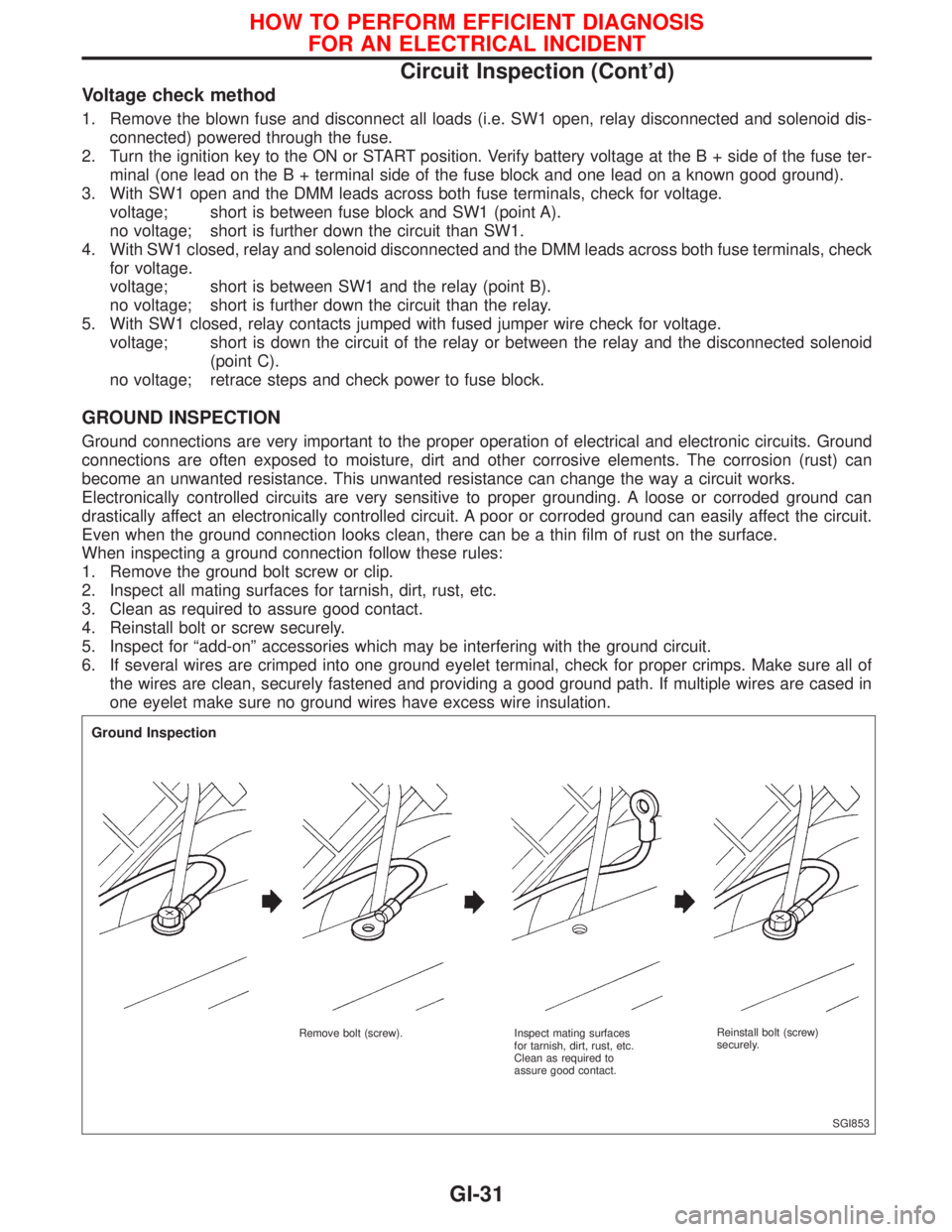 NISSAN PRIMERA 1999  Electronic Repair Manual Voltage check method
1. Remove the blown fuse and disconnect all loads (i.e. SW1 open, relay disconnected and solenoid dis-
connected) powered through the fuse.
2. Turn the ignition key to the ON or S