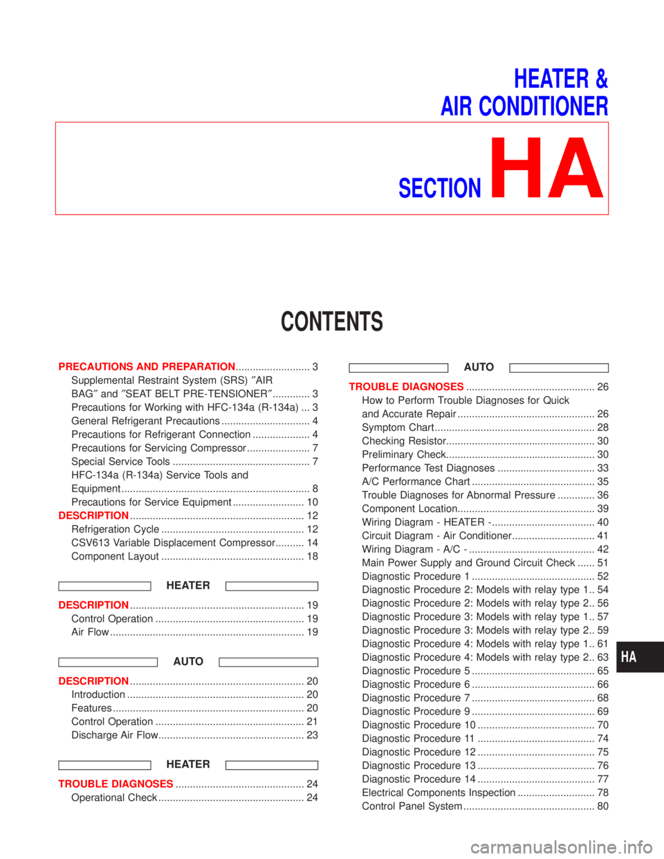 NISSAN PRIMERA 1999  Electronic Repair Manual HEATER &
AIR CONDITIONER
SECTION
HA
CONTENTS
PRECAUTIONS AND PREPARATION.......................... 3
Supplemental Restraint System (SRS)²AIR
BAG²and²SEAT BELT PRE-TENSIONER²............. 3
Precaut