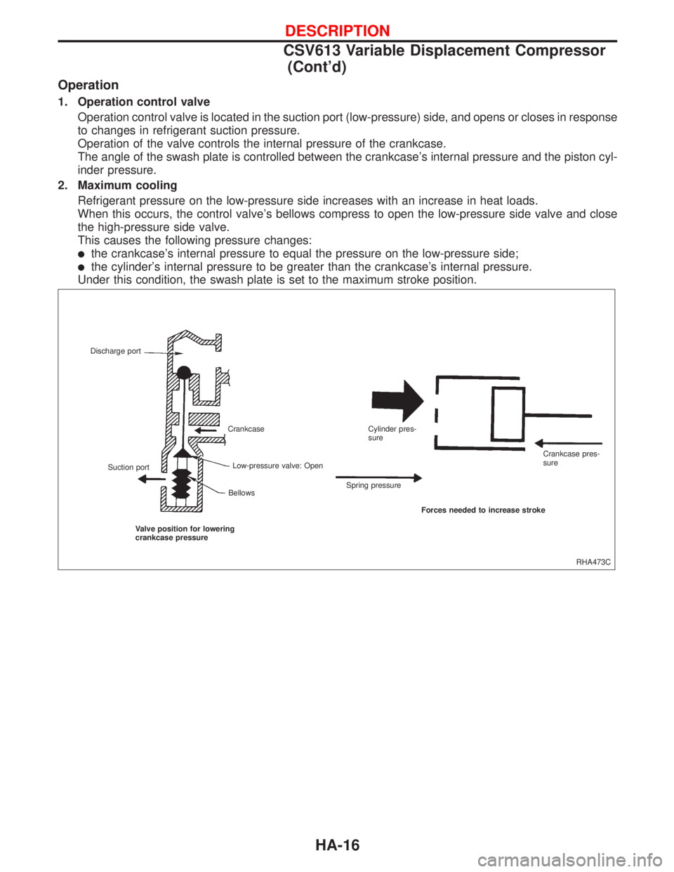 NISSAN PRIMERA 1999  Electronic Repair Manual Operation
1. Operation control valve
Operation control valve is located in the suction port (low-pressure) side, and opens or closes in response
to changes in refrigerant suction pressure.
Operation o