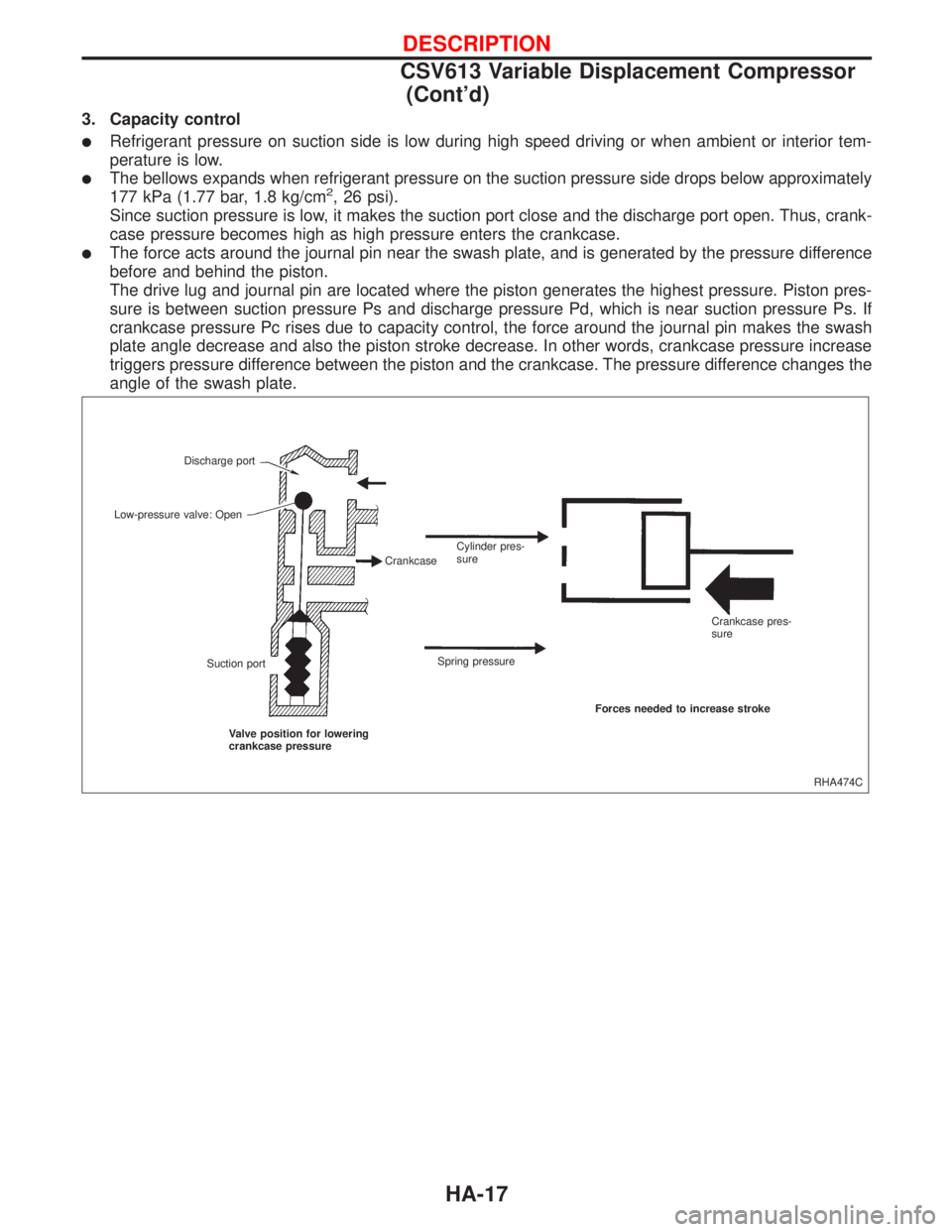 NISSAN PRIMERA 1999  Electronic Repair Manual 3. Capacity control
lRefrigerant pressure on suction side is low during high speed driving or when ambient or interior tem-
perature is low.
lThe bellows expands when refrigerant pressure on the sucti