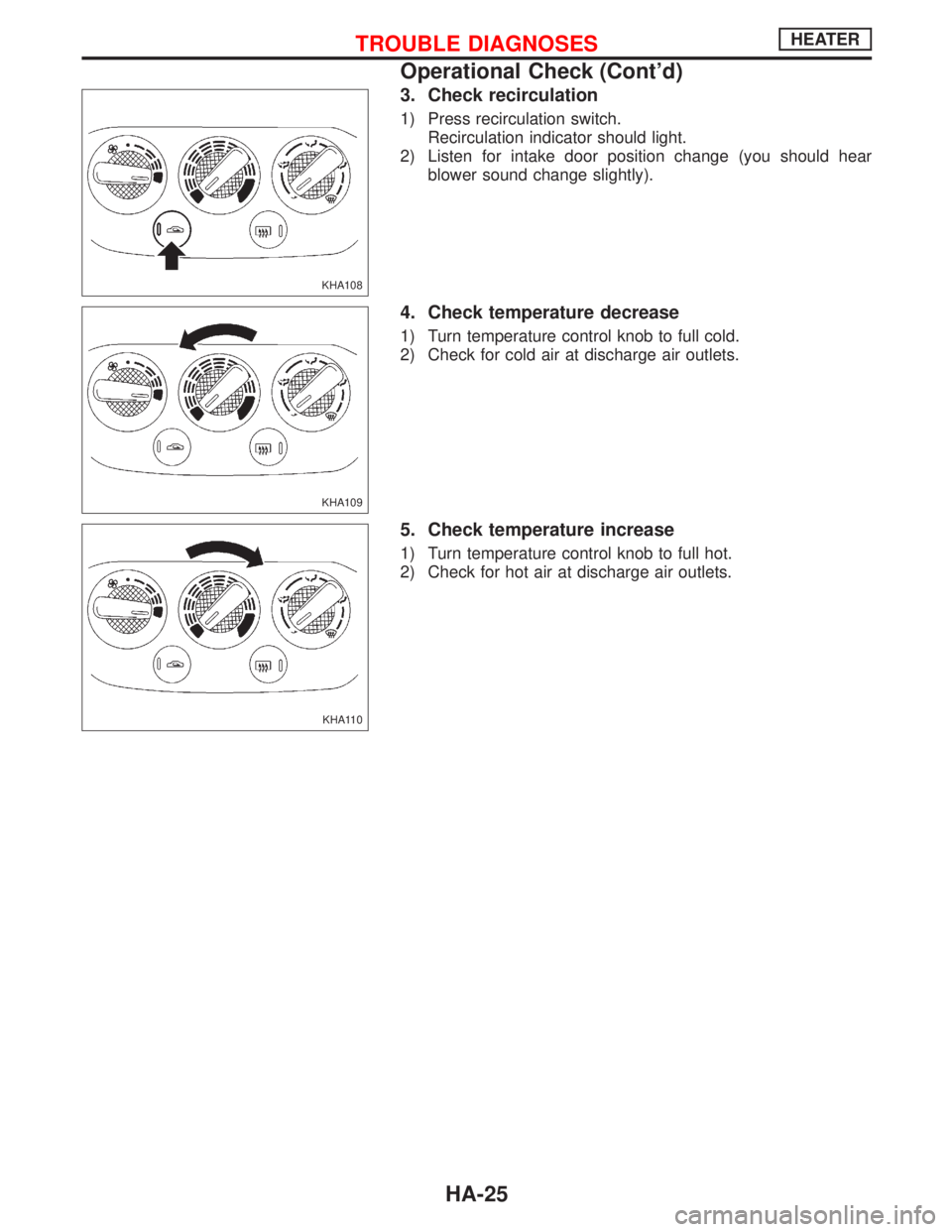 NISSAN PRIMERA 1999  Electronic Repair Manual 3. Check recirculation
1) Press recirculation switch.
Recirculation indicator should light.
2) Listen for intake door position change (you should hear
blower sound change slightly).
4. Check temperatu