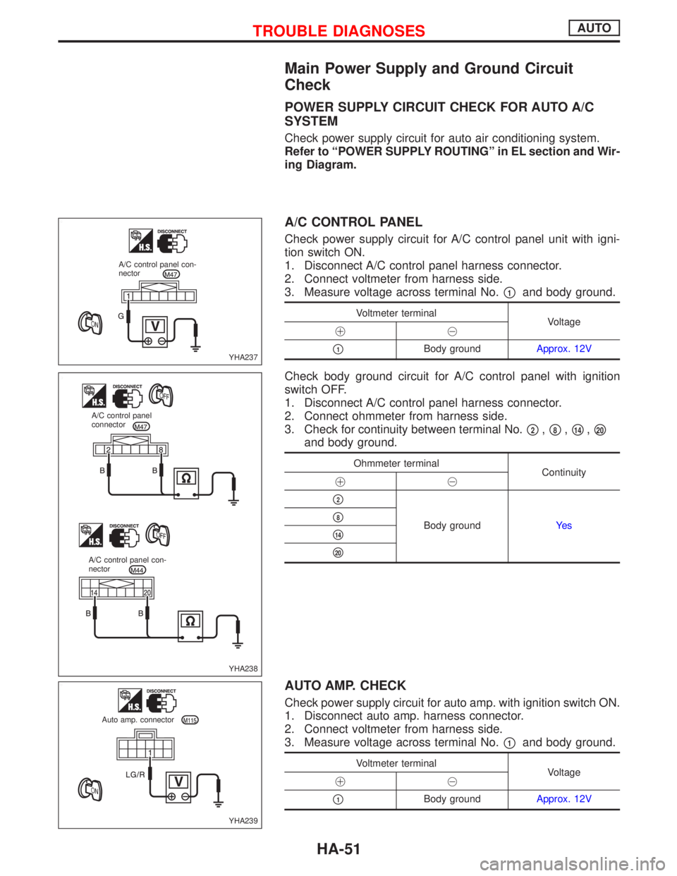 NISSAN PRIMERA 1999  Electronic Repair Manual Main Power Supply and Ground Circuit
Check
POWER SUPPLY CIRCUIT CHECK FOR AUTO A/C
SYSTEM
Check power supply circuit for auto air conditioning system.
Refer to ªPOWER SUPPLY ROUTINGº in EL section a