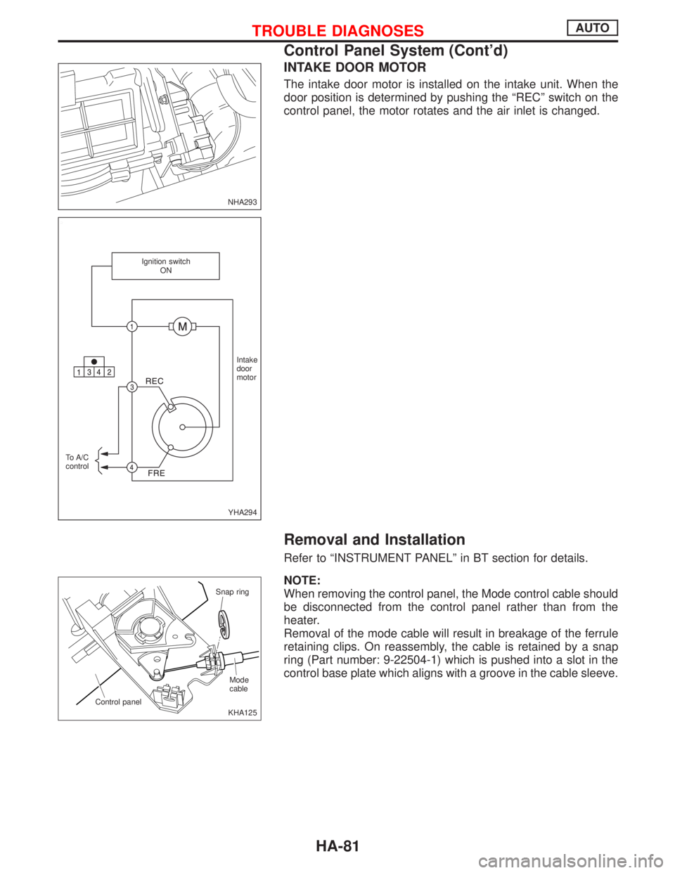 NISSAN PRIMERA 1999  Electronic Repair Manual INTAKE DOOR MOTOR
The intake door motor is installed on the intake unit. When the
door position is determined by pushing the ªRECº switch on the
control panel, the motor rotates and the air inlet is