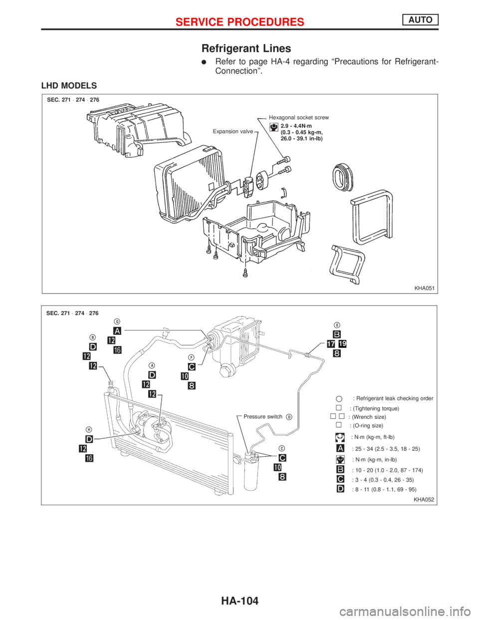 NISSAN PRIMERA 1999  Electronic Repair Manual Refrigerant Lines
lRefer to page HA-4 regarding ªPrecautions for Refrigerant-
Connectionº.
LHD MODELS
KHA051 Expansion valveHexagonal socket screw
2.9 - 4.4N´m
(0.3 - 0.45 kg-m,
26.0 - 39.1 in-lb) 
