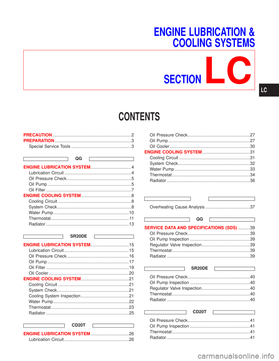 NISSAN PRIMERA 1999 Electronic Repair Manual ENGINE LUBRICATION &
COOLING SYSTEMS
SECTION
LC
CONTENTS
PRECAUTION..................................................................2
PREPARATION...................................................... NISSAN PRIMERA 1999 Electronic Repair Manual ENGINE LUBRICATION &
COOLING SYSTEMS
SECTION
LC
CONTENTS
PRECAUTION..................................................................2
PREPARATION......................................................