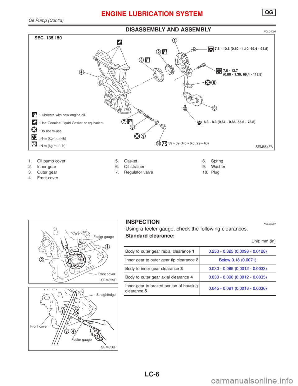 NISSAN PRIMERA 1999 Electronic Repair Manual DISASSEMBLY AND ASSEMBLYNCLC0006
1. Oil pump cover
2. Inner gear
3. Outer gear
4. Front cover5. Gasket
6. Oil strainer
7. Regulator valve8. Spring
9. Washer
10. Plug
INSPECTIONNCLC0007
Using a feeler NISSAN PRIMERA 1999 Electronic Repair Manual DISASSEMBLY AND ASSEMBLYNCLC0006
1. Oil pump cover
2. Inner gear
3. Outer gear
4. Front cover5. Gasket
6. Oil strainer
7. Regulator valve8. Spring
9. Washer
10. Plug
INSPECTIONNCLC0007
Using a feeler