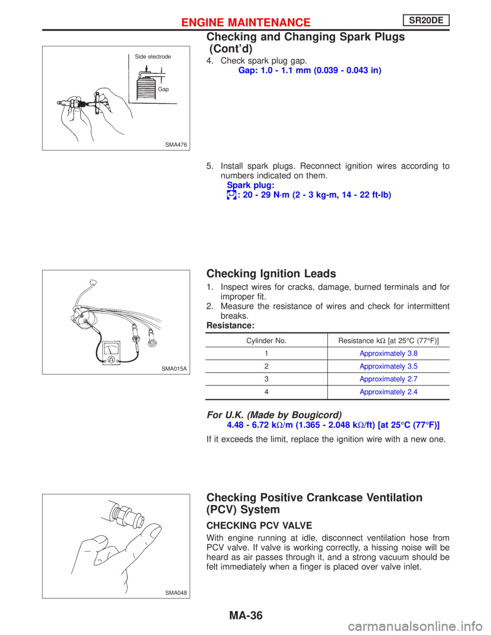 NISSAN PRIMERA 1999 Electronic Repair Manual 4. Check spark plug gap.
Gap: 1.0 - 1.1 mm (0.039 - 0.043 in)
5. Install spark plugs. Reconnect ignition wires according to
numbers indicated on them.
Spark plug:
:20-29N·m (2 - 3 kg-m, 14 - 22 ft-lb NISSAN PRIMERA 1999 Electronic Repair Manual 4. Check spark plug gap.
Gap: 1.0 - 1.1 mm (0.039 - 0.043 in)
5. Install spark plugs. Reconnect ignition wires according to
numbers indicated on them.
Spark plug:
:20-29N·m (2 - 3 kg-m, 14 - 22 ft-lb