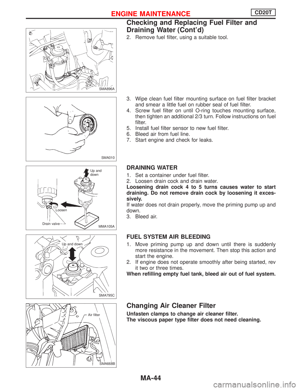 NISSAN PRIMERA 1999 Electronic Repair Manual 2. Remove fuel filter, using a suitable tool.
3. Wipe clean fuel filter mounting surface on fuel filter bracket
and smear a little fuel on rubber seal of fuel filter.
4. Screw fuel filter on until O-r NISSAN PRIMERA 1999 Electronic Repair Manual 2. Remove fuel filter, using a suitable tool.
3. Wipe clean fuel filter mounting surface on fuel filter bracket
and smear a little fuel on rubber seal of fuel filter.
4. Screw fuel filter on until O-r