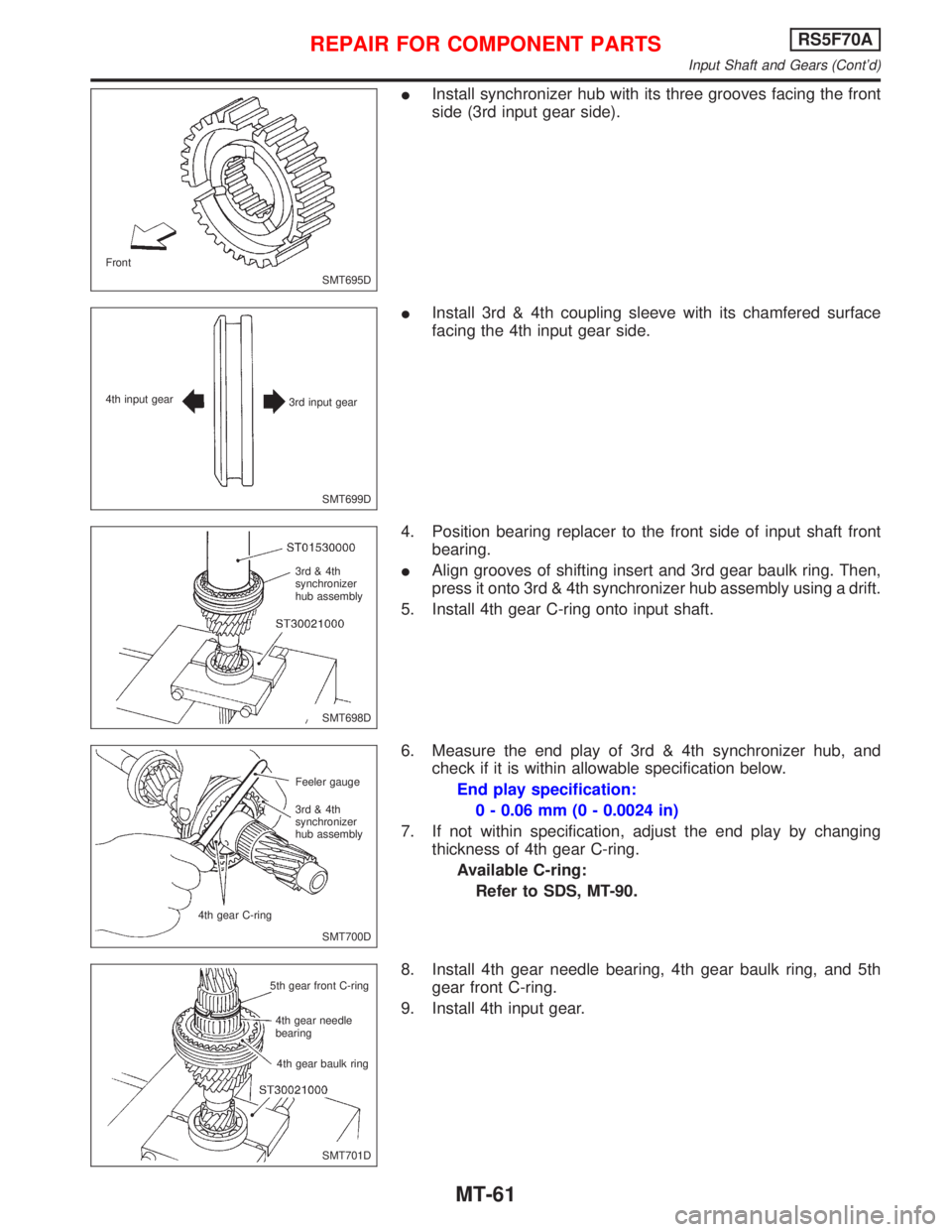 NISSAN PRIMERA 1999 Electronic Repair Manual IInstall synchronizer hub with its three grooves facing the front
side (3rd input gear side).
IInstall 3rd & 4th coupling sleeve with its chamfered surface
facing the 4th input gear side.
4. Position NISSAN PRIMERA 1999 Electronic Repair Manual IInstall synchronizer hub with its three grooves facing the front
side (3rd input gear side).
IInstall 3rd & 4th coupling sleeve with its chamfered surface
facing the 4th input gear side.
4. Position