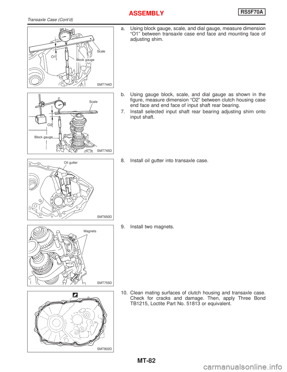 NISSAN PRIMERA 1999  Electronic Repair Manual a. Using block gauge, scale, and dial gauge, measure dimension
ªO1º between transaxle case end face and mounting face of
adjusting shim.
b. Using gauge block, scale, and dial gauge as shown in the
f