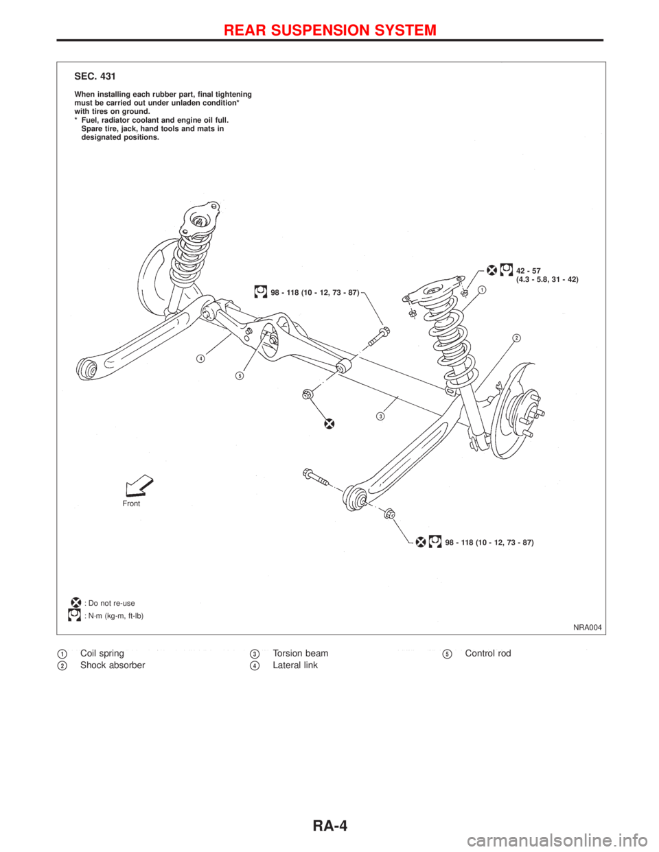 NISSAN PRIMERA 1999  Electronic Repair Manual p1Coil spring
p2Shock absorberp3Torsion beam
p4Lateral linkp5Control rod
NRA004
98 - 118 (10 - 12, 73 - 87)
42-57
(4.3 - 5.8, 31 - 42)
p1
p2
p3
p4
p5
98 - 118 (10 - 12, 73 - 87) Front
: Do not re-use
