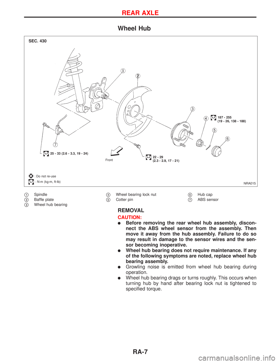 NISSAN PRIMERA 1999  Electronic Repair Manual Wheel Hub
p1Spindle
p2Baffle plate
p3Wheel hub bearing
p4Wheel bearing lock nut
p5Cotter pinp6Hub cap
p7ABS sensor
REMOVAL
CAUTION:
lBefore removing the rear wheel hub assembly, discon-
nect the ABS w