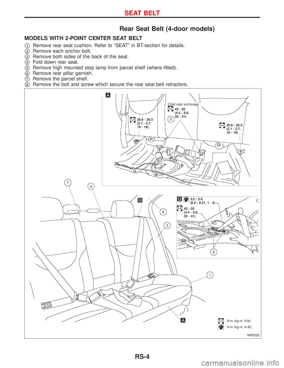 NISSAN PRIMERA 1999  Electronic Repair Manual Rear Seat Belt (4-door models)
MODELS WITH 2-POINT CENTER SEAT BELT
p1Remove rear seat cushion. Refer to ªSEATº in BT-section for details.
p2Remove each anchor bolt.
p3Remove both sides of the back 