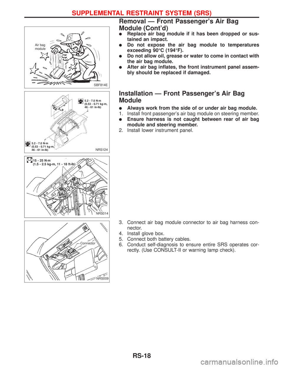 NISSAN PRIMERA 1999 Electronic Repair Manual lReplace air bag module if it has been dropped or sus-
tained an impact.
lDo not expose the air bag module to temperatures
exceeding 90ÉC (194ÉF).
lDo not allow oil, grease or water to come in conta NISSAN PRIMERA 1999 Electronic Repair Manual lReplace air bag module if it has been dropped or sus-
tained an impact.
lDo not expose the air bag module to temperatures
exceeding 90ÉC (194ÉF).
lDo not allow oil, grease or water to come in conta
