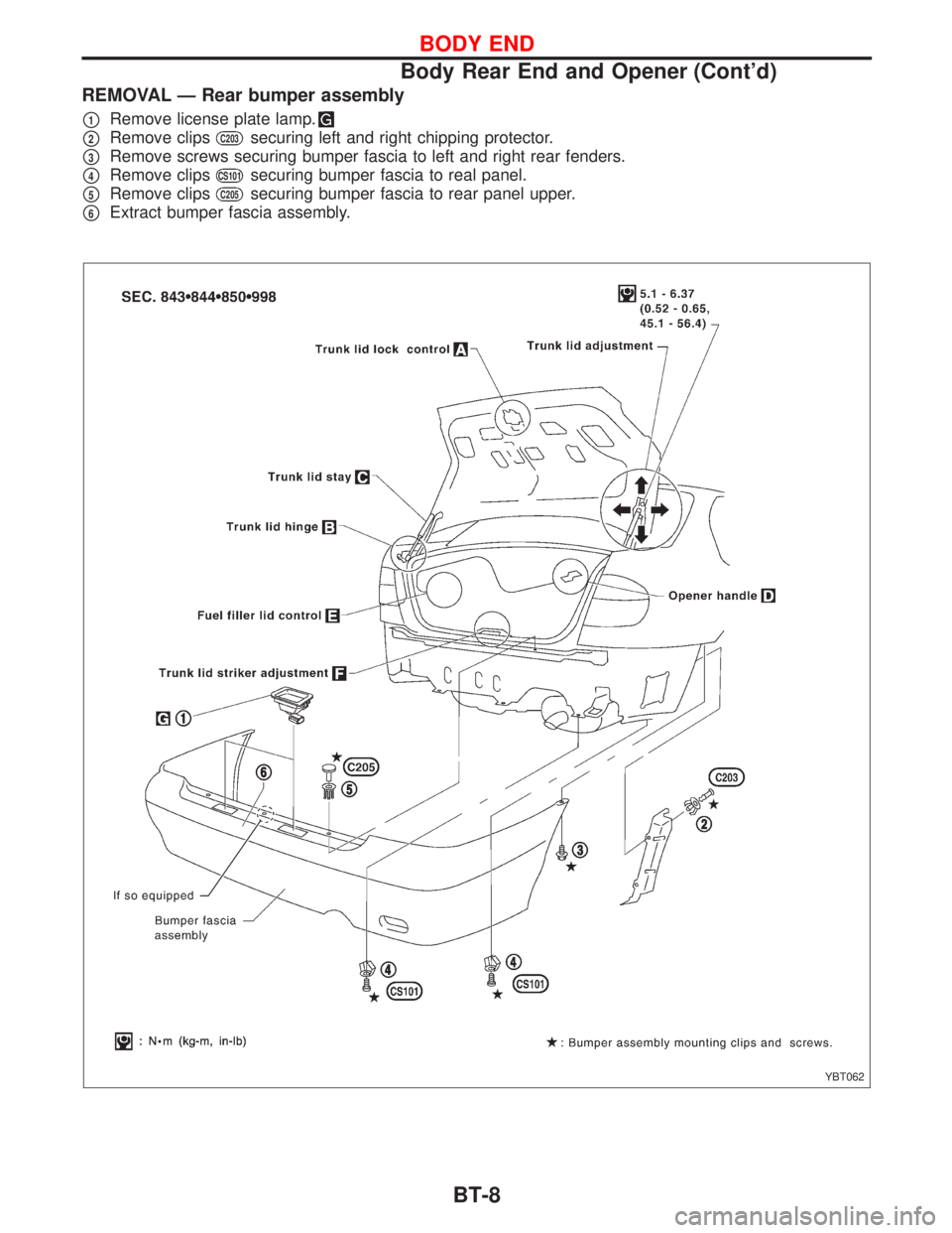 NISSAN PRIMERA 1999  Electronic Repair Manual REMOVAL Ð Rear bumper assembly
p1Remove license plate lamp.
p2Remove clipsC203securing left and right chipping protector.
p3Remove screws securing bumper fascia to left and right rear fenders.
p4Remo