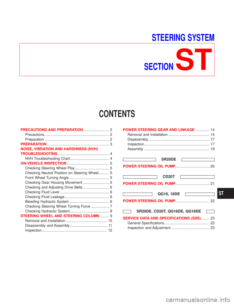 NISSAN PRIMERA 1999 Electronic Repair Manual STEERING SYSTEM
SECTION
ST
CONTENTS
PRECAUTIONS AND PREPARATION.......................... 2
Precautions ................................................................ 2
Preparation ................. NISSAN PRIMERA 1999 Electronic Repair Manual STEERING SYSTEM
SECTION
ST
CONTENTS
PRECAUTIONS AND PREPARATION.......................... 2
Precautions ................................................................ 2
Preparation .................