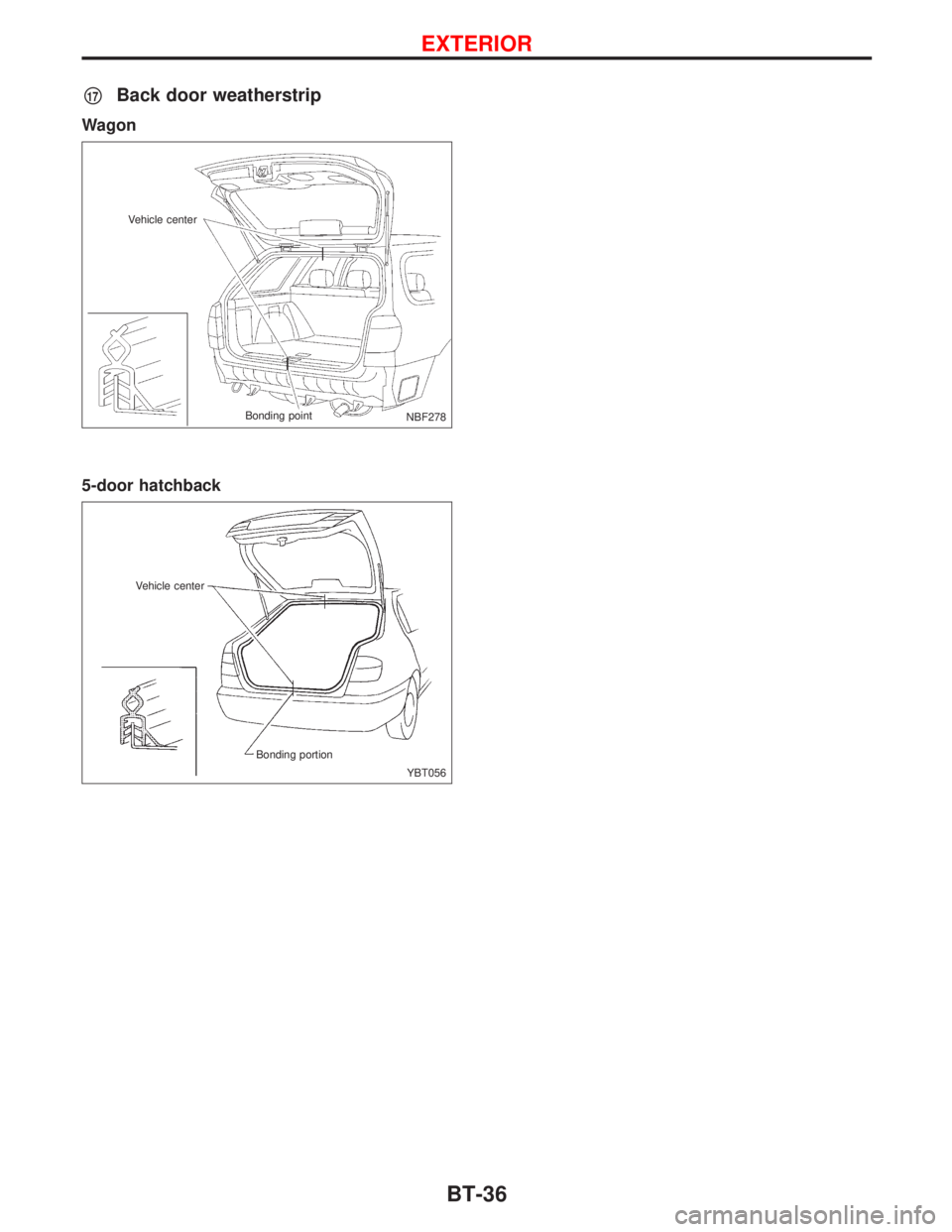 NISSAN PRIMERA 1999  Electronic Repair Manual p17Back door weatherstrip
Wagon
5-door hatchback
NBF278 Vehicle center
Bonding point
YBT056 Vehicle center
Bonding portion
EXTERIOR
BT-36 