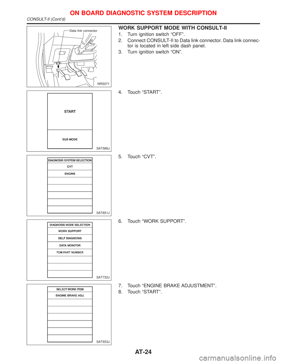 NISSAN PRIMERA 1999  Electronic Repair Manual WORK SUPPORT MODE WITH CONSULT-II
1. Turn ignition switch ªOFFº.
2. Connect CONSULT-II to Data link connector. Data link connec-
tor is located in left side dash panel.
3. Turn ignition switch ªON