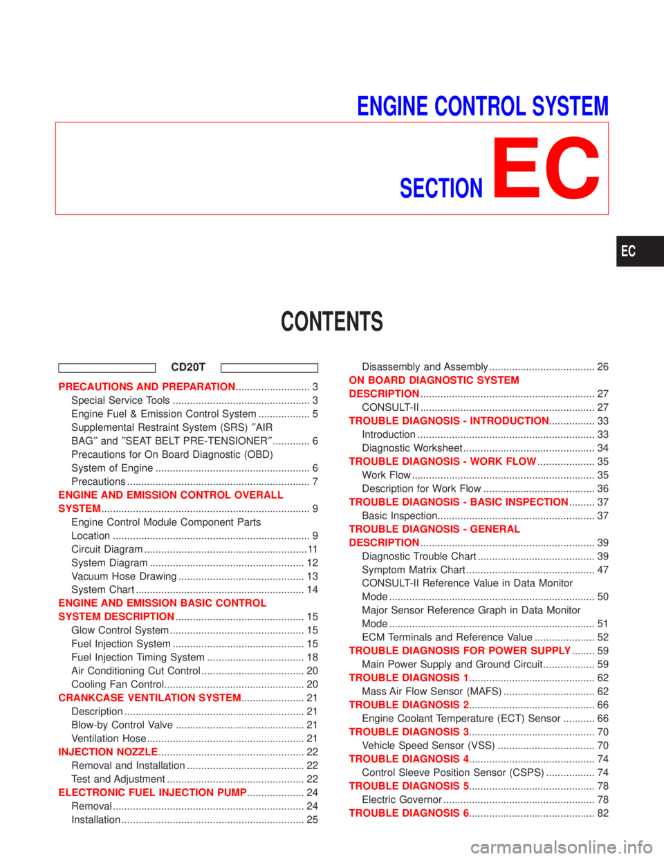 NISSAN PRIMERA 1999  Electronic Repair Manual ENGINE CONTROL SYSTEM
SECTION
EC
CONTENTS
CD20T
PRECAUTIONS AND PREPARATION.......................... 3
Special Service Tools ................................................ 3
Engine Fuel & Emission 