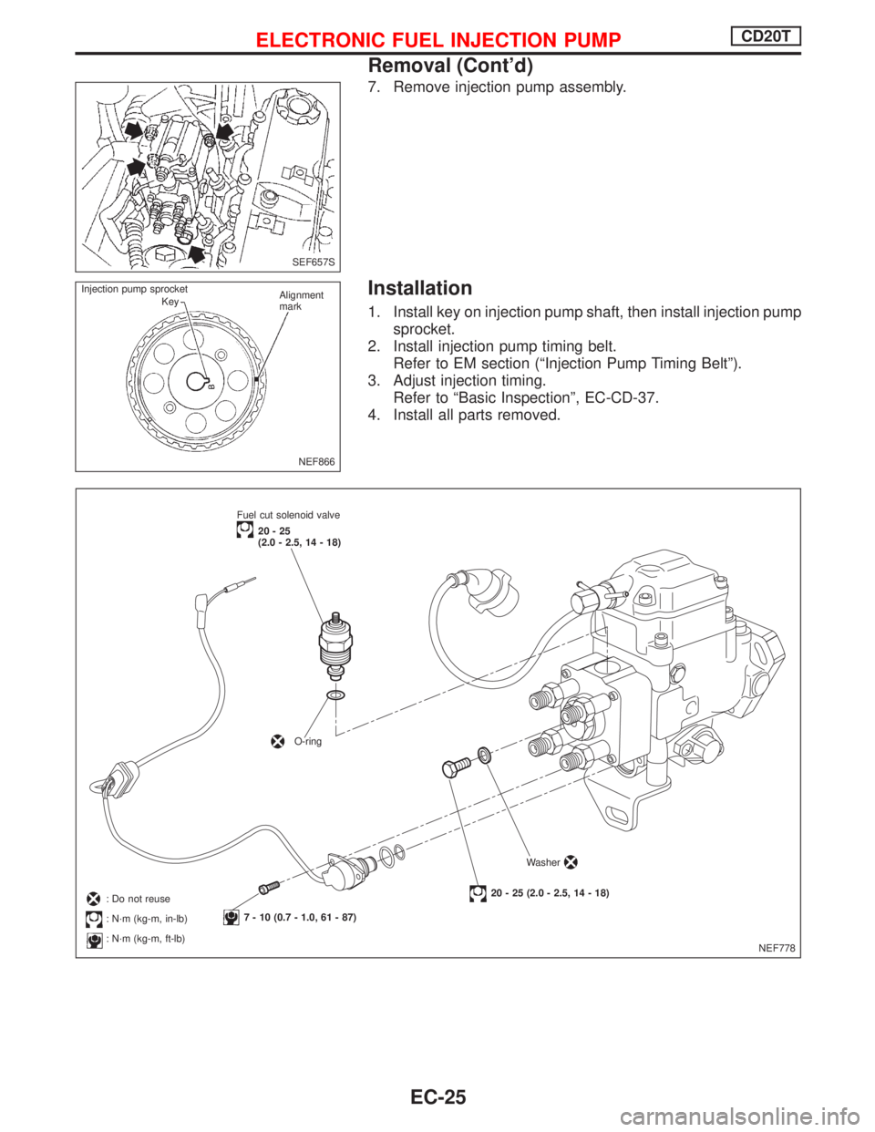 NISSAN PRIMERA 1999  Electronic Repair Manual 7. Remove injection pump assembly.
Installation
1. Install key on injection pump shaft, then install injection pump
sprocket.
2. Install injection pump timing belt.
Refer to EM section (ªInjection Pu