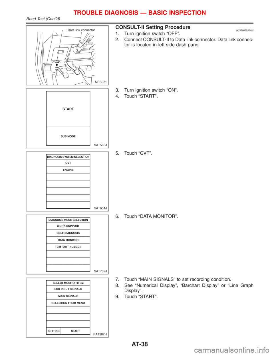 NISSAN PRIMERA 1999  Electronic Repair Manual CONSULT-II Setting ProcedureNCAT0028S04021. Turn ignition switch ªOFFº.
2. Connect CONSULT-II to Data link connector. Data link connec-
tor is located in left side dash panel.
3. Turn ignition switc