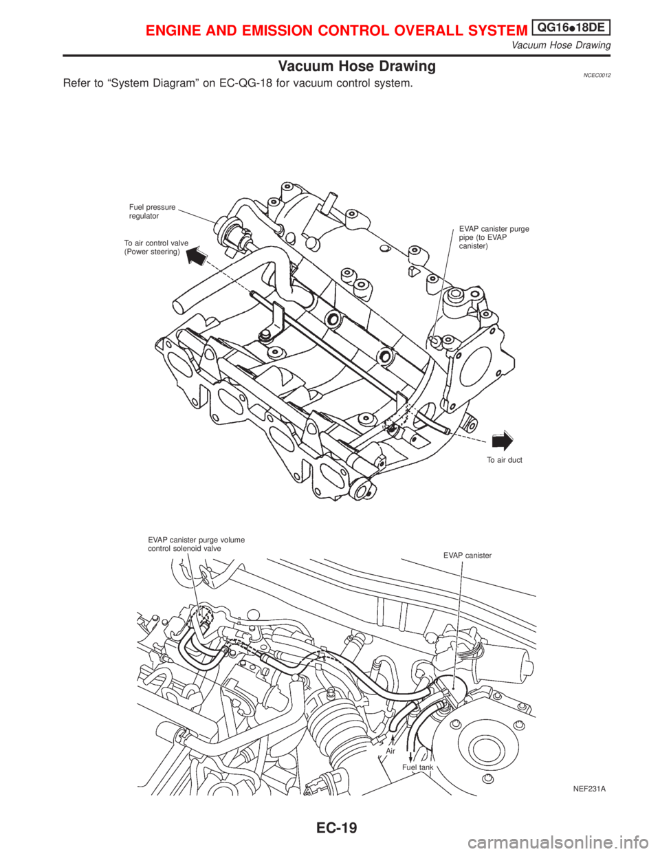 NISSAN PRIMERA 1999  Electronic Repair Manual Vacuum Hose DrawingNCEC0012Refer to ªSystem Diagramº on EC-QG-18 for vacuum control system.
NEF231A Fuel pressure
regulator
EVAP canister purge
pipe (to EVAP
canister)
To air duct To air control val