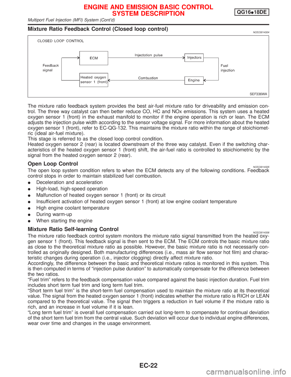 NISSAN PRIMERA 1999  Electronic Repair Manual Mixture Ratio Feedback Control (Closed loop control)NCEC0014S04
The mixture ratio feedback system provides the best air-fuel mixture ratio for driveability and emission con-
trol. The three way cataly