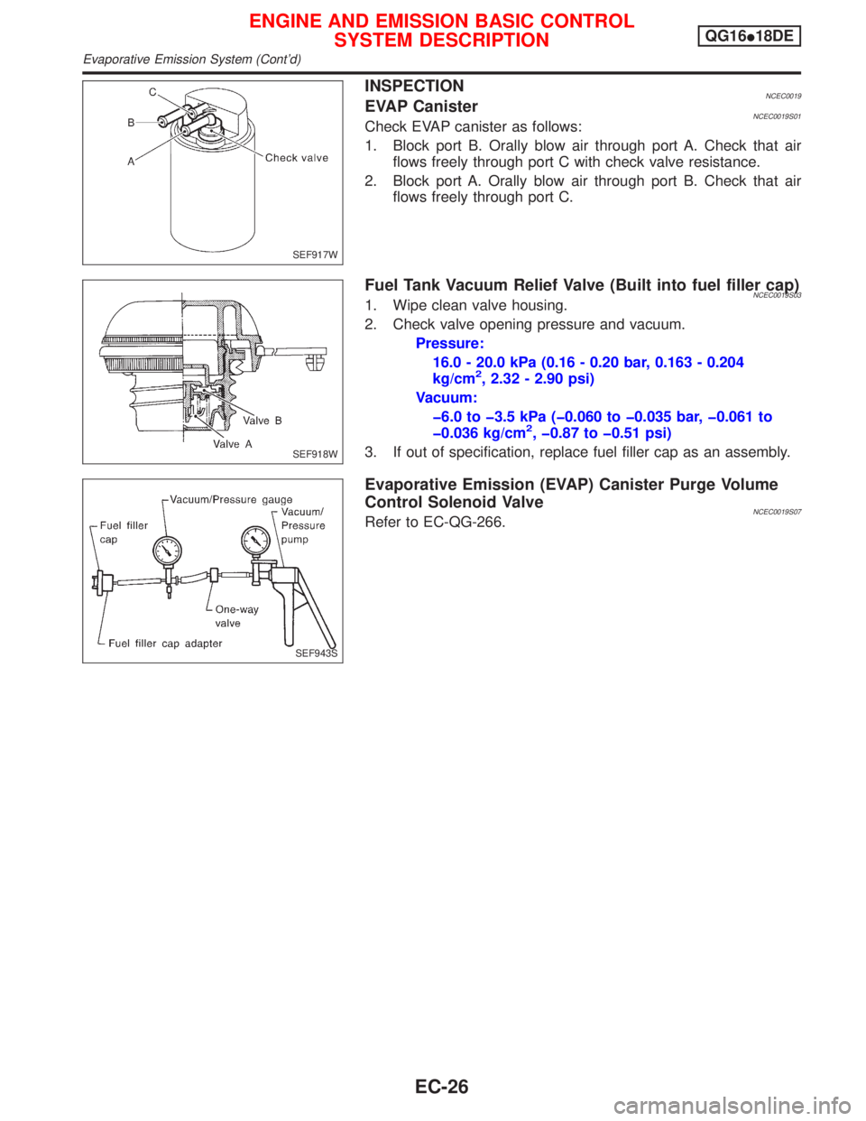 NISSAN PRIMERA 1999  Electronic Repair Manual INSPECTIONNCEC0019EVAP CanisterNCEC0019S01Check EVAP canister as follows:
1. Block port B. Orally blow air through port A. Check that air
flows freely through port C with check valve resistance.
2. Bl
