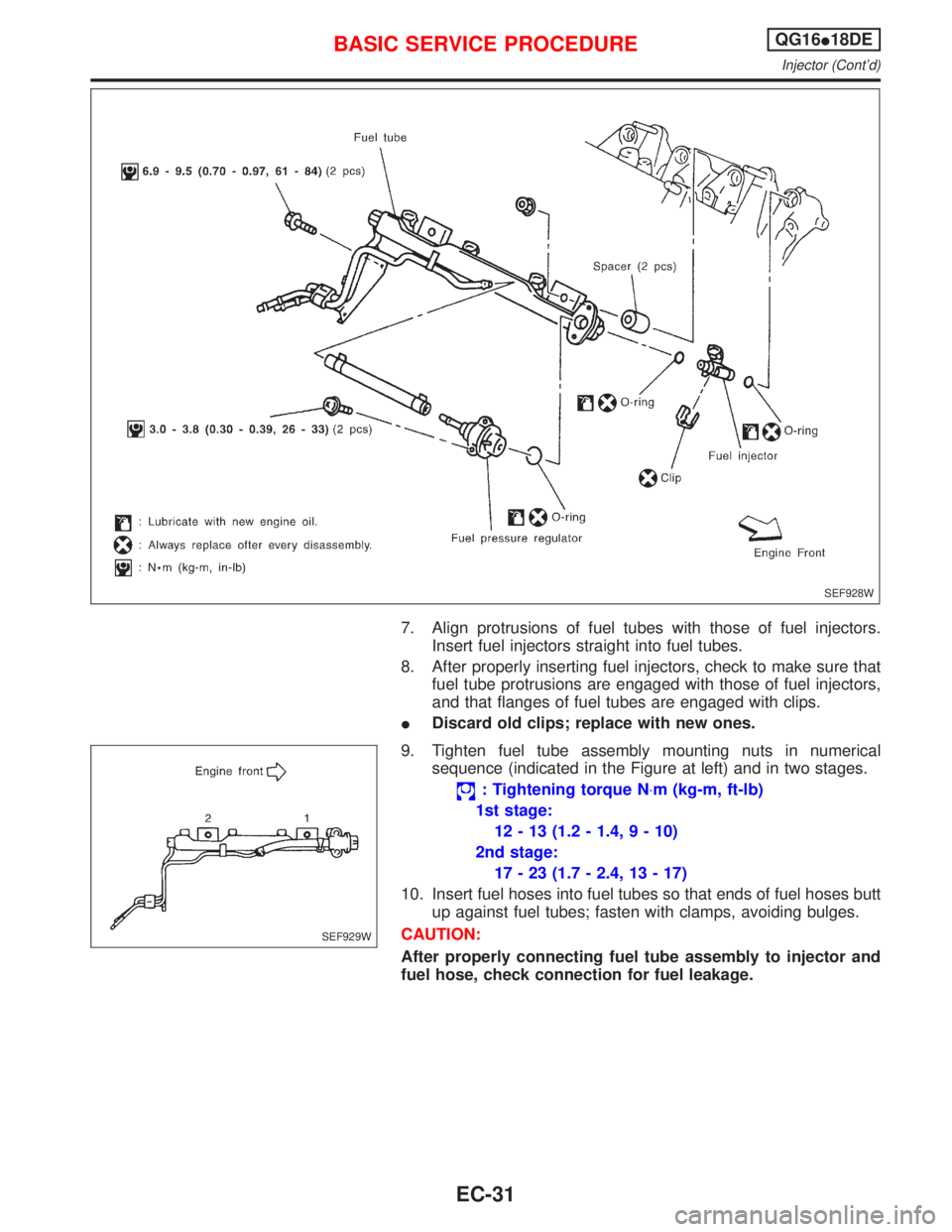 NISSAN PRIMERA 1999  Electronic Repair Manual 7. Align protrusions of fuel tubes with those of fuel injectors.
Insert fuel injectors straight into fuel tubes.
8. After properly inserting fuel injectors, check to make sure that
fuel tube protrusio