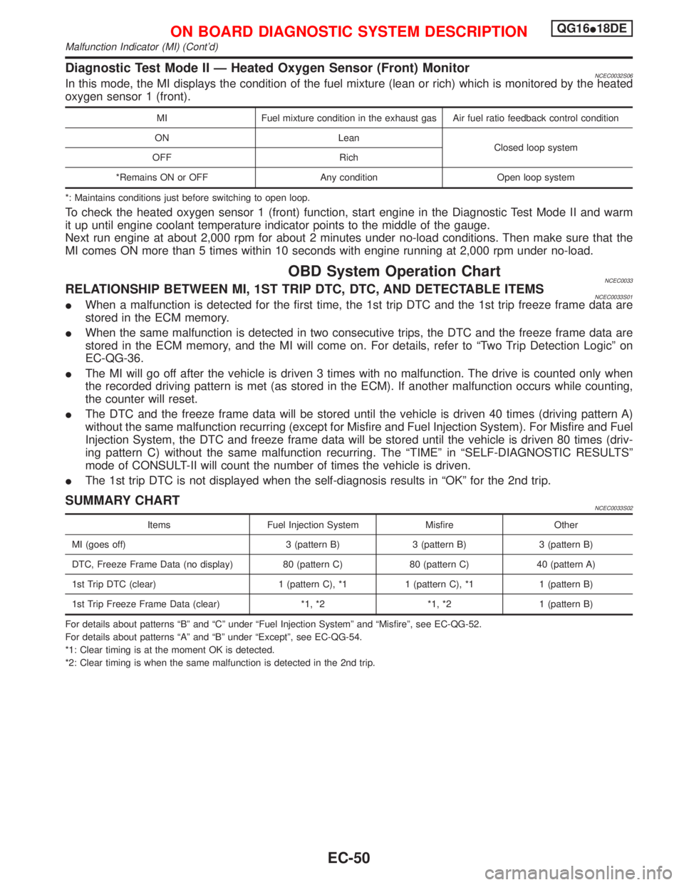 NISSAN PRIMERA 1999  Electronic Repair Manual Diagnostic Test Mode II Ð Heated Oxygen Sensor (Front) MonitorNCEC0032S06In this mode, the MI displays the condition of the fuel mixture (lean or rich) which is monitored by the heated
oxygen sensor 