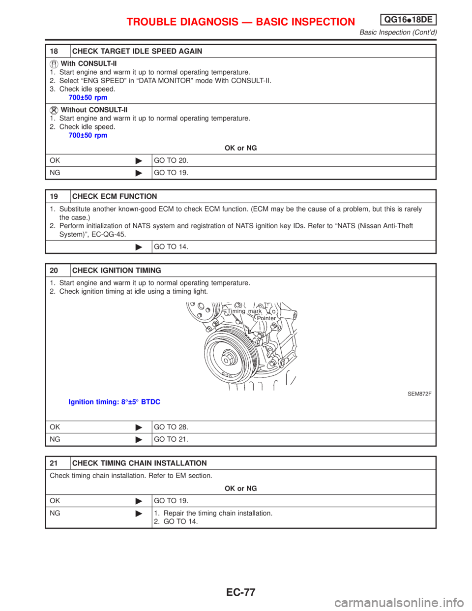 NISSAN PRIMERA 1999  Electronic Repair Manual 18 CHECK TARGET IDLE SPEED AGAIN
With CONSULT-II
1. Start engine and warm it up to normal operating temperature.
2. Select ªENG SPEEDº in ªDATA MONITORº mode With CONSULT-II.
3. Check idle speed.
