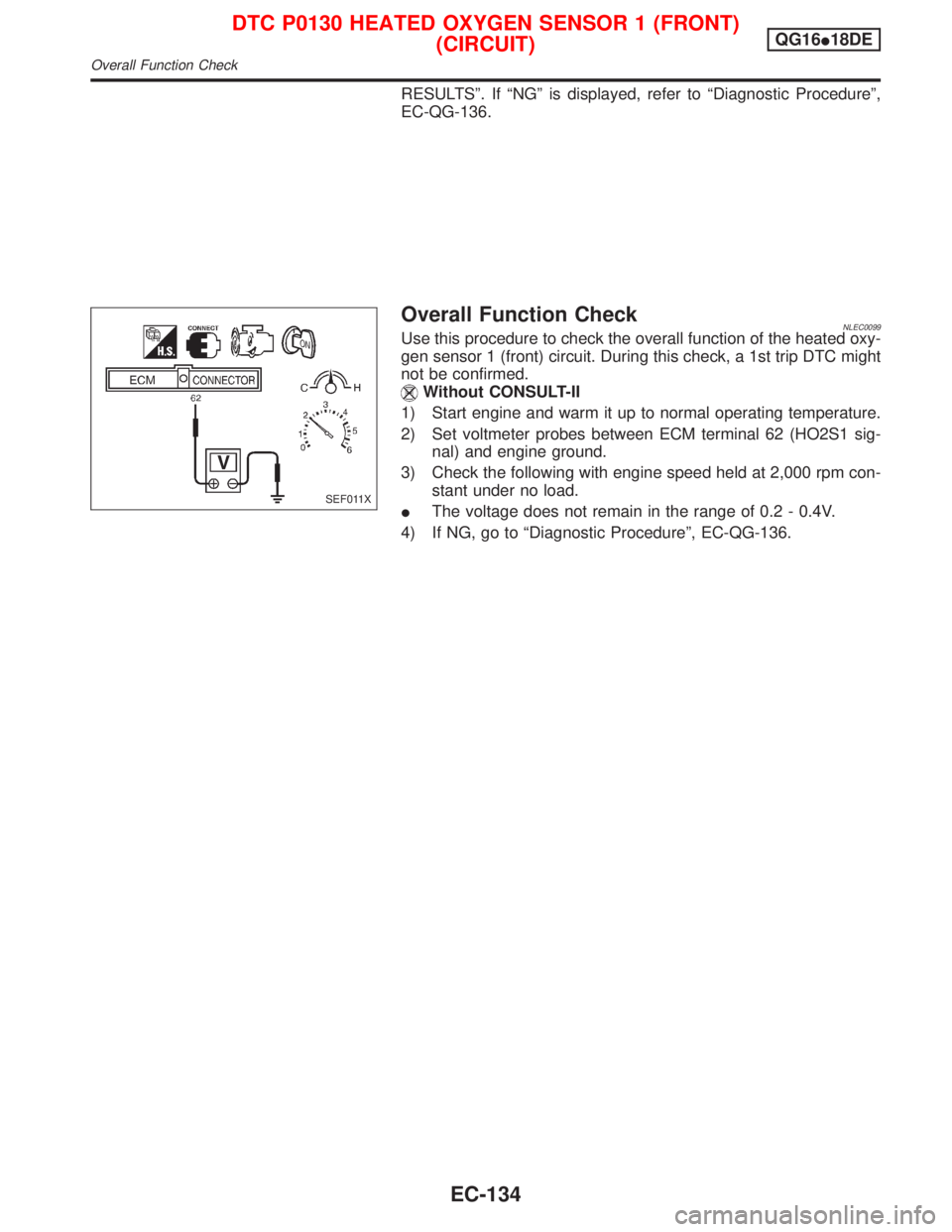 NISSAN PRIMERA 1999  Electronic Repair Manual RESULTSº. If ªNGº is displayed, refer to ªDiagnostic Procedureº,
EC-QG-136.
Overall Function CheckNLEC0099Use this procedure to check the overall function of the heated oxy-
gen sensor 1 (front) 