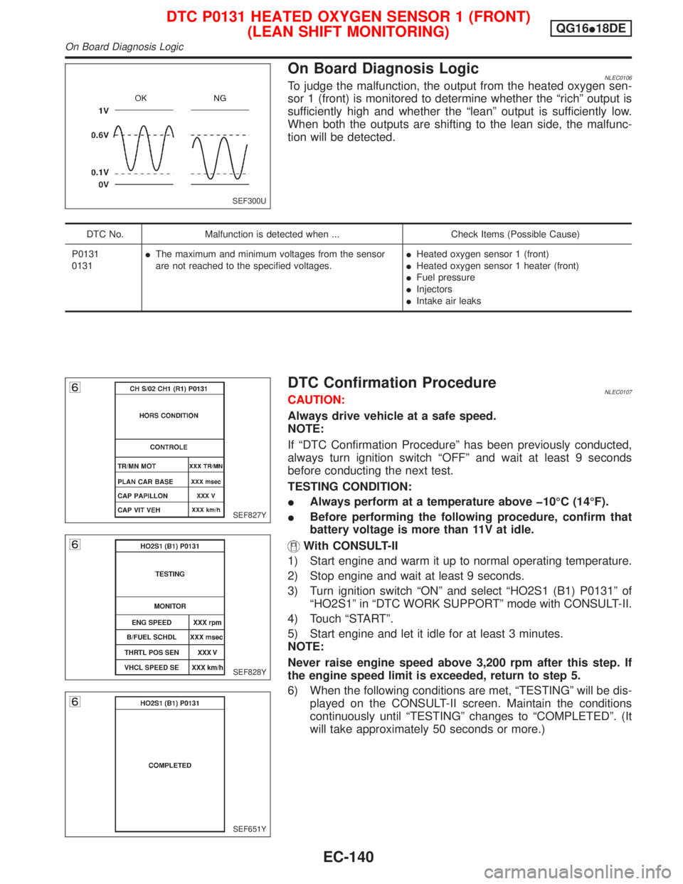 NISSAN PRIMERA 1999  Electronic Repair Manual On Board Diagnosis LogicNLEC0106To judge the malfunction, the output from the heated oxygen sen-
sor 1 (front) is monitored to determine whether the ªrichº output is
sufficiently high and whether th
