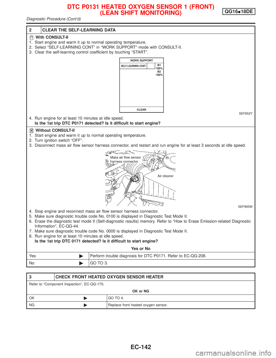 NISSAN PRIMERA 1999  Electronic Repair Manual 2 CLEAR THE SELF-LEARNING DATA
With CONSULT-II
1. Start engine and warm it up to normal operating temperature.
2. Select ªSELF-LEARNING CONTº in ªWORK SUPPORTº mode with CONSULT-II.
3. Clear the s
