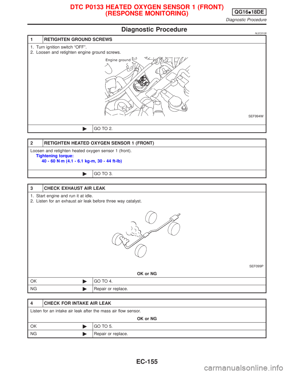 NISSAN PRIMERA 1999  Electronic Repair Manual Diagnostic ProcedureNLEC0126
1 RETIGHTEN GROUND SCREWS
1. Turn ignition switch ªOFFº.
2. Loosen and retighten engine ground screws.
SEF994W
©GO TO 2.
2 RETIGHTEN HEATED OXYGEN SENSOR 1 (FRONT)
Loos