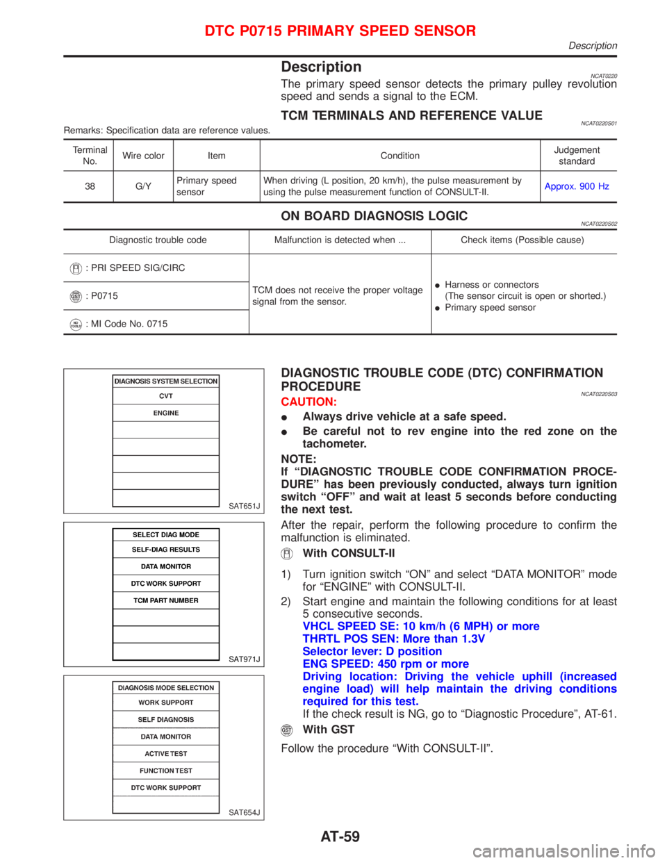 NISSAN PRIMERA 1999 Electronic Repair Manual DescriptionNCAT0220The primary speed sensor detects the primary pulley revolution
speed and sends a signal to the ECM.
TCM TERMINALS AND REFERENCE VALUENCAT0220S01Remarks: Specification data are refer NISSAN PRIMERA 1999 Electronic Repair Manual DescriptionNCAT0220The primary speed sensor detects the primary pulley revolution
speed and sends a signal to the ECM.
TCM TERMINALS AND REFERENCE VALUENCAT0220S01Remarks: Specification data are refer