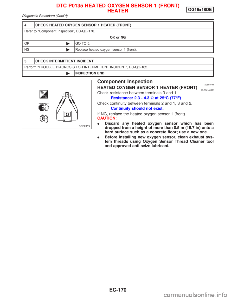 NISSAN PRIMERA 1999  Electronic Repair Manual 4 CHECK HEATED OXYGEN SENSOR 1 HEATER (FRONT)
Refer to ªComponent Inspectionº, EC-QG-170.
OK or NG
OK©GO TO 5.
NG©Replace heated oxygen sensor 1 (front).
5 CHECK INTERMITTENT INCIDENT
Perform ªTR