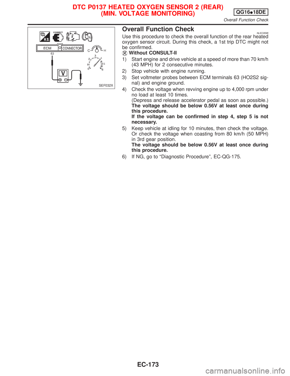 NISSAN PRIMERA 1999 Electronic Repair Manual Overall Function CheckNLEC0595Use this procedure to check the overall function of the rear heated
oxygen sensor circuit. During this check, a 1st trip DTC might not
be confirmed.
Without CONSULT-II
1) NISSAN PRIMERA 1999 Electronic Repair Manual Overall Function CheckNLEC0595Use this procedure to check the overall function of the rear heated
oxygen sensor circuit. During this check, a 1st trip DTC might not
be confirmed.
Without CONSULT-II
1)