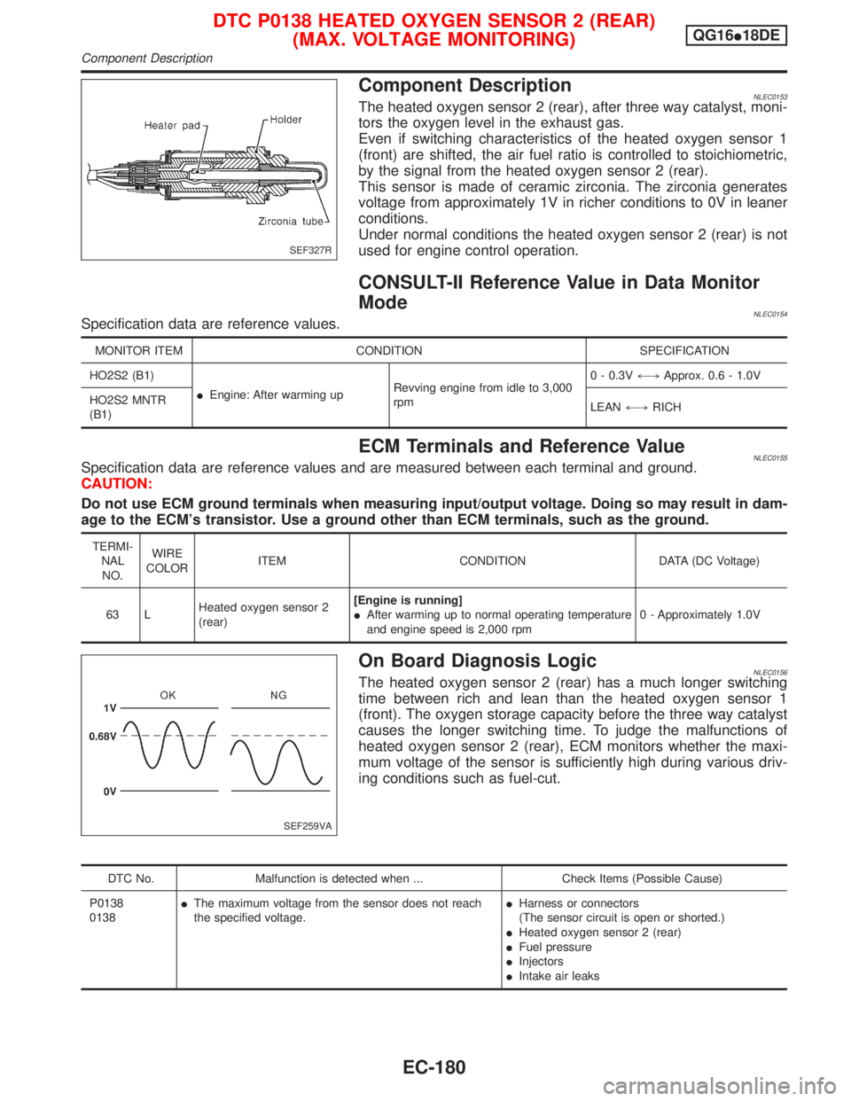 NISSAN PRIMERA 1999  Electronic Repair Manual Component DescriptionNLEC0153The heated oxygen sensor 2 (rear), after three way catalyst, moni-
tors the oxygen level in the exhaust gas.
Even if switching characteristics of the heated oxygen sensor 