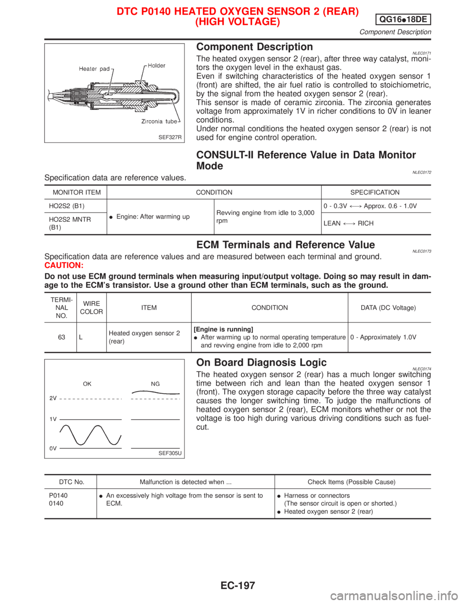 NISSAN PRIMERA 1999  Electronic Repair Manual Component DescriptionNLEC0171The heated oxygen sensor 2 (rear), after three way catalyst, moni-
tors the oxygen level in the exhaust gas.
Even if switching characteristics of the heated oxygen sensor 
