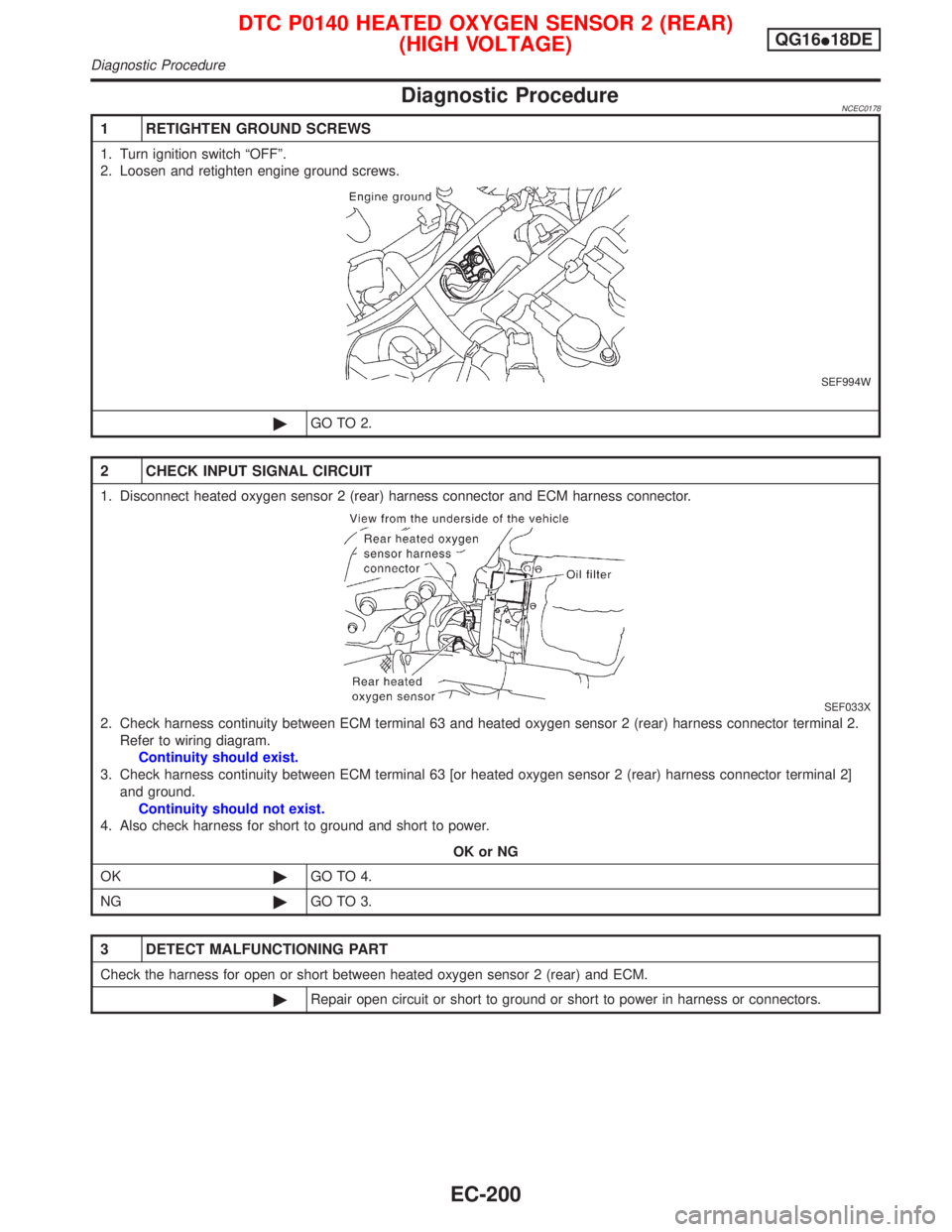 NISSAN PRIMERA 1999  Electronic Repair Manual Diagnostic ProcedureNCEC0178
1 RETIGHTEN GROUND SCREWS
1. Turn ignition switch ªOFFº.
2. Loosen and retighten engine ground screws.
SEF994W
©GO TO 2.
2 CHECK INPUT SIGNAL CIRCUIT
1. Disconnect heat
