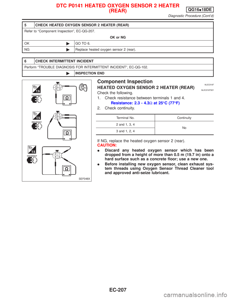 NISSAN PRIMERA 1999  Electronic Repair Manual 5 CHECK HEATED OXYGEN SENSOR 2 HEATER (REAR)
Refer to ªComponent Inspectionº, EC-QG-207.
OK or NG
OK©GO TO 6.
NG©Replace heated oxygen sensor 2 (rear).
6 CHECK INTERMITTENT INCIDENT
Perform ªTROU