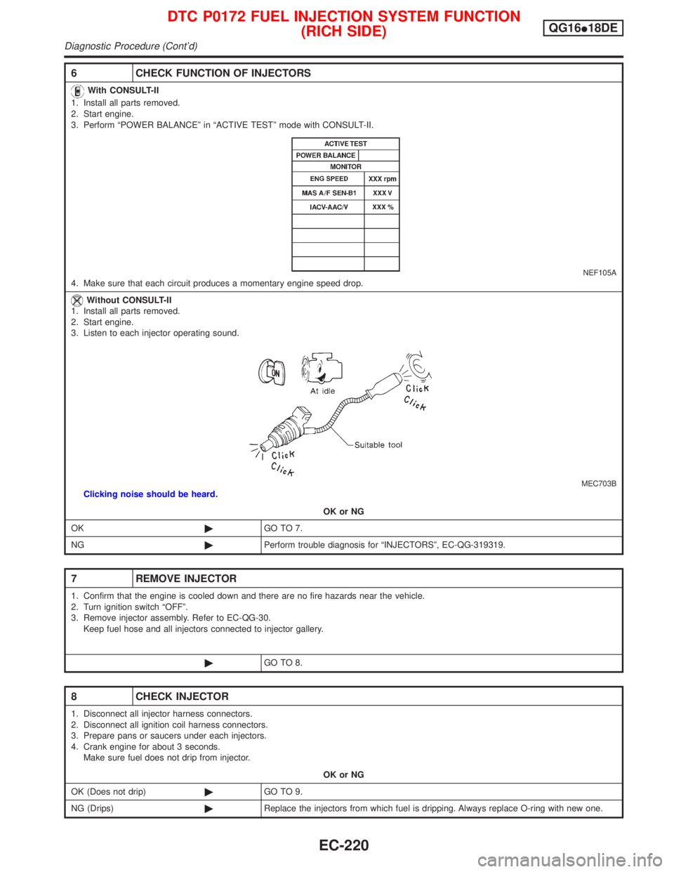 NISSAN PRIMERA 1999 Electronic Repair Manual 6 CHECK FUNCTION OF INJECTORS
With CONSULT-II
1. Install all parts removed.
2. Start engine.
3. Perform ªPOWER BALANCEº in ªACTIVE TESTº mode with CONSULT-II.
NEF105A4. Make sure that each circuit NISSAN PRIMERA 1999 Electronic Repair Manual 6 CHECK FUNCTION OF INJECTORS
With CONSULT-II
1. Install all parts removed.
2. Start engine.
3. Perform ªPOWER BALANCEº in ªACTIVE TESTº mode with CONSULT-II.
NEF105A4. Make sure that each circuit