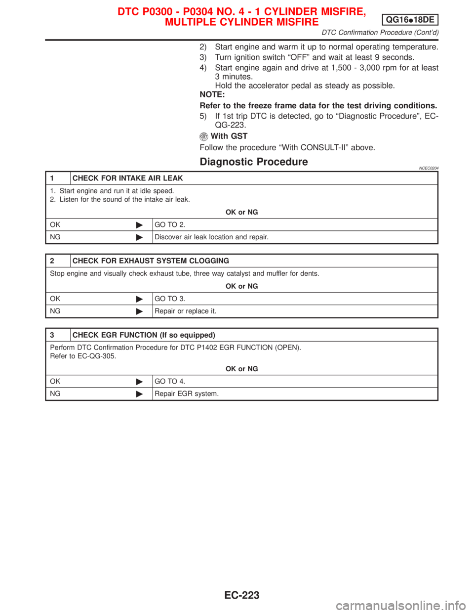 NISSAN PRIMERA 1999 Electronic Repair Manual 2) Start engine and warm it up to normal operating temperature.
3) Turn ignition switch ªOFFº and wait at least 9 seconds.
4) Start engine again and drive at 1,500 - 3,000 rpm for at least
3 minutes NISSAN PRIMERA 1999 Electronic Repair Manual 2) Start engine and warm it up to normal operating temperature.
3) Turn ignition switch ªOFFº and wait at least 9 seconds.
4) Start engine again and drive at 1,500 - 3,000 rpm for at least
3 minutes