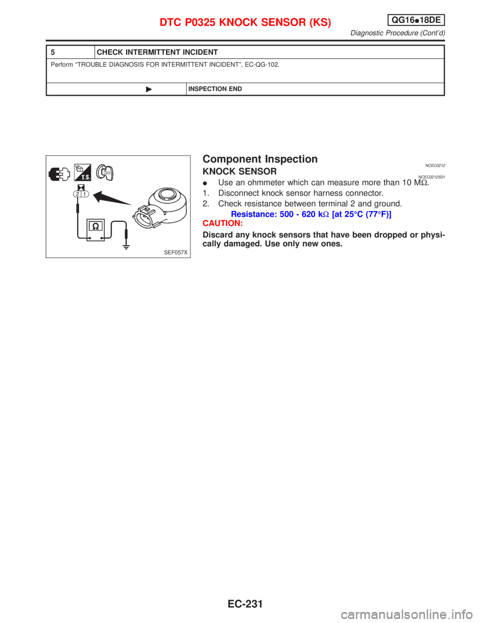 NISSAN PRIMERA 1999  Electronic Repair Manual 5 CHECK INTERMITTENT INCIDENT
Perform ªTROUBLE DIAGNOSIS FOR INTERMITTENT INCIDENTº, EC-QG-102.
©INSPECTION END
Component InspectionNCEC0212KNOCK SENSORNCEC0212S01IUse an ohmmeter which can measure