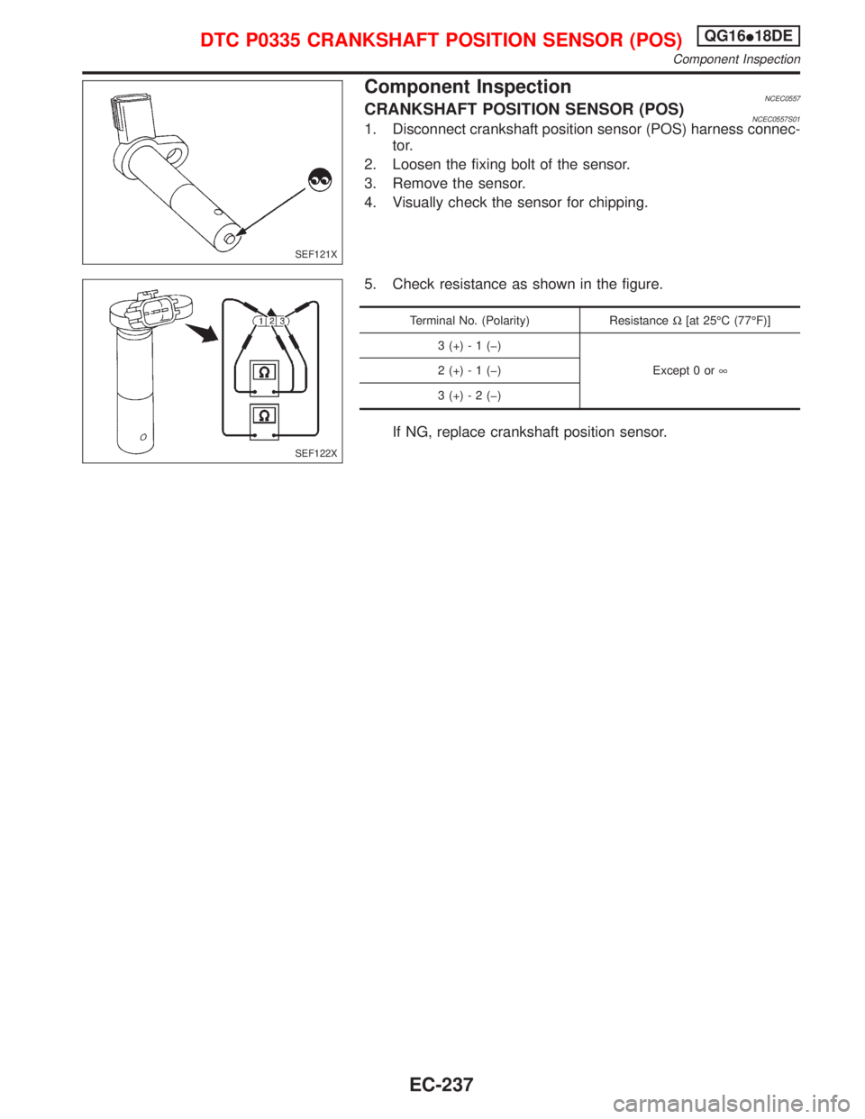 NISSAN PRIMERA 1999  Electronic Repair Manual Component InspectionNCEC0557CRANKSHAFT POSITION SENSOR (POS)NCEC0557S011. Disconnect crankshaft position sensor (POS) harness connec-
tor.
2. Loosen the fixing bolt of the sensor.
3. Remove the sensor