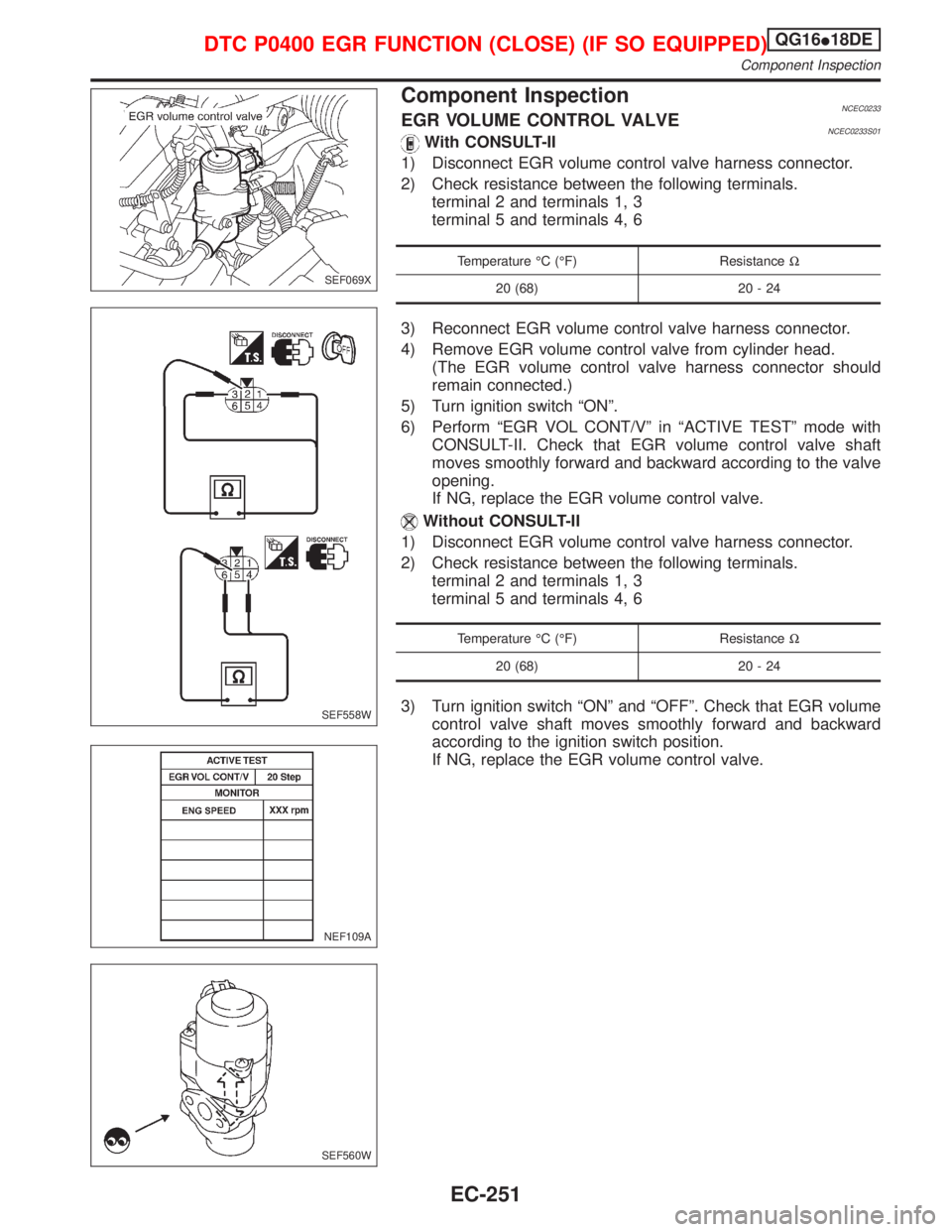NISSAN PRIMERA 1999  Electronic Repair Manual Component InspectionNCEC0233EGR VOLUME CONTROL VALVENCEC0233S01With CONSULT-II
1) Disconnect EGR volume control valve harness connector.
2) Check resistance between the following terminals.
terminal 2