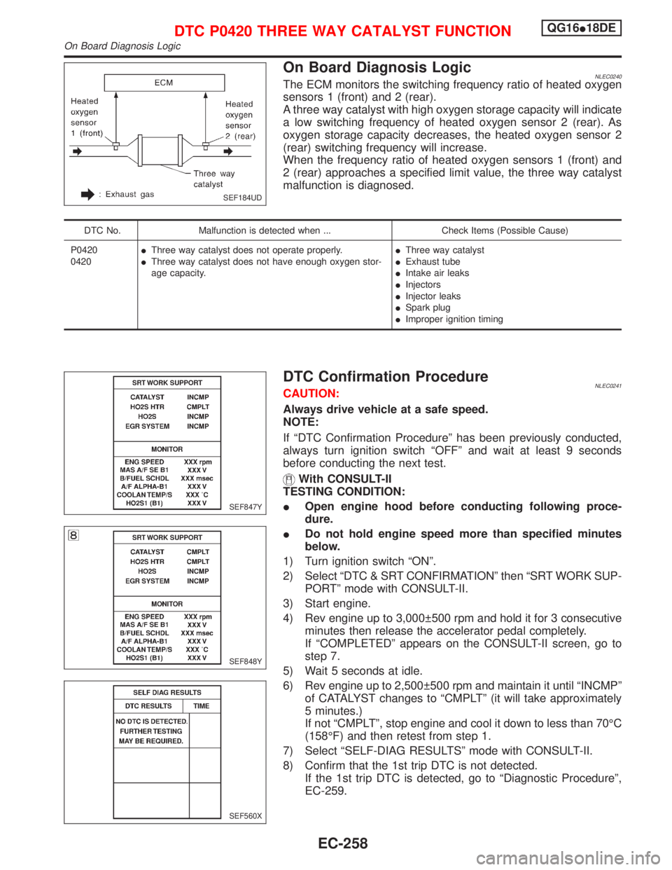 NISSAN PRIMERA 1999  Electronic Repair Manual On Board Diagnosis LogicNLEC0240The ECM monitors the switching frequency ratio of heated oxygen
sensors 1 (front) and 2 (rear).
A three way catalyst with high oxygen storage capacity will indicate
a l