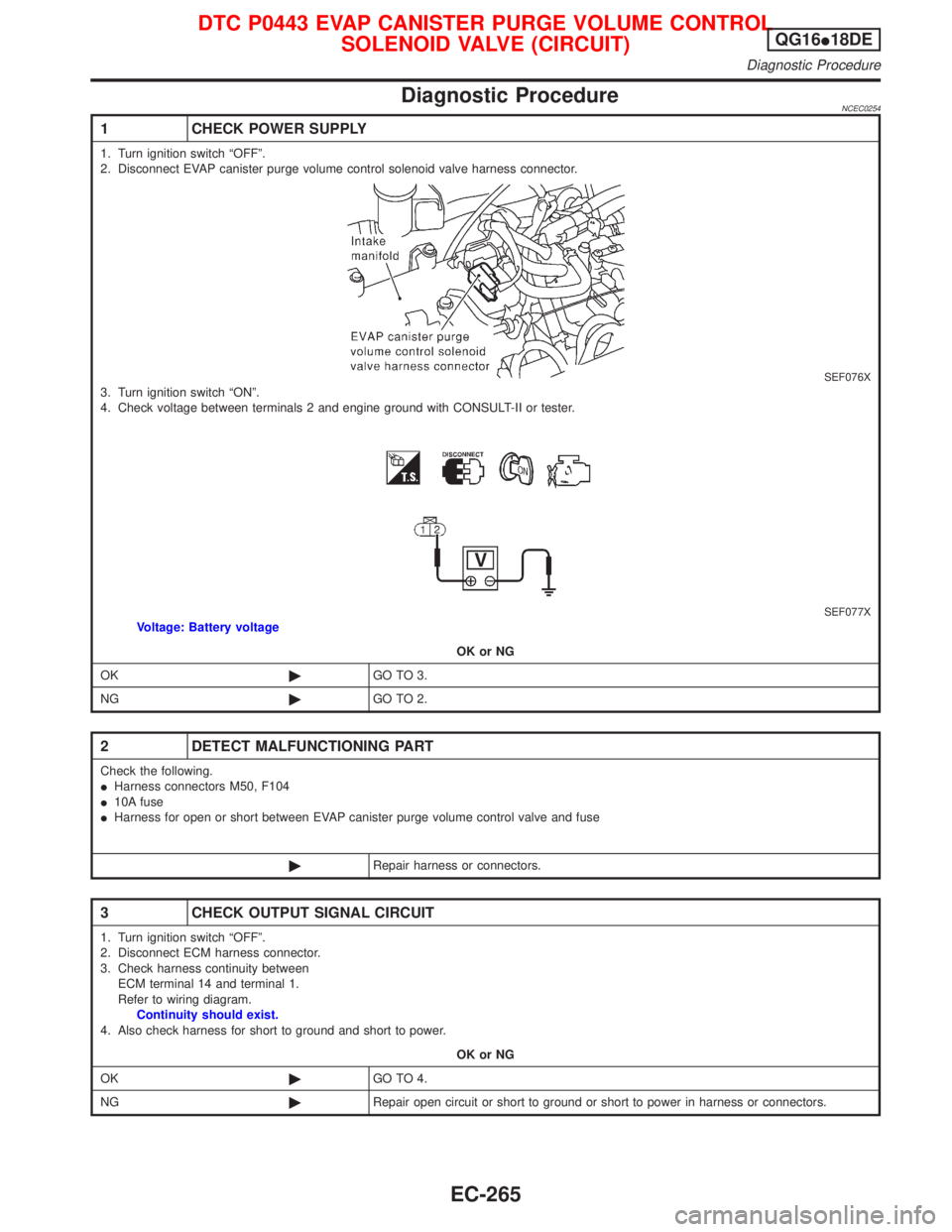 NISSAN PRIMERA 1999 Electronic Repair Manual Diagnostic ProcedureNCEC0254
1 CHECK POWER SUPPLY
1. Turn ignition switch ªOFFº.
2. Disconnect EVAP canister purge volume control solenoid valve harness connector.
SEF076X3. Turn ignition switch ªO NISSAN PRIMERA 1999 Electronic Repair Manual Diagnostic ProcedureNCEC0254
1 CHECK POWER SUPPLY
1. Turn ignition switch ªOFFº.
2. Disconnect EVAP canister purge volume control solenoid valve harness connector.
SEF076X3. Turn ignition switch ªO